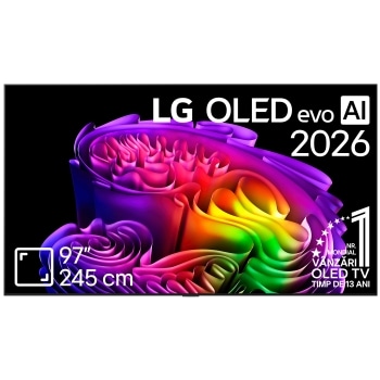 Vederea frontală a modelului LG OLED AI B6, lansat în 2026, prezintă o ramă neagră subțire și o imagine sculpturală, vibrantă, formată din straturi bogate, multicolore, care umplu ecranul.