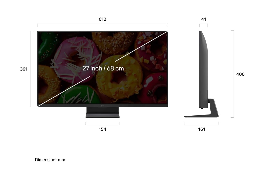 LG 27 inch LG SMART TV AI LB70 HD 2026, Vederi față și profil: Evidențiază ecranul de 27 inch cu lățime de 612 mm, înălțime de 361 mm (406 mm cu suport), adâncime profil de 41 mm și amprentă suport de 154 x 161 mm., 27LB70003LA.AEU, thumbnail 3