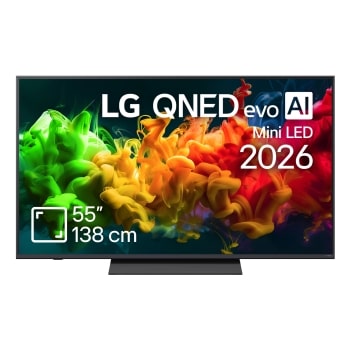 The front view of LG QNED AI QNED70 Mini LED, released in 2026, fills the screen with vivid, fluid splashes of multicolored motion, as finely layered colors disperse smoothly across the display.1