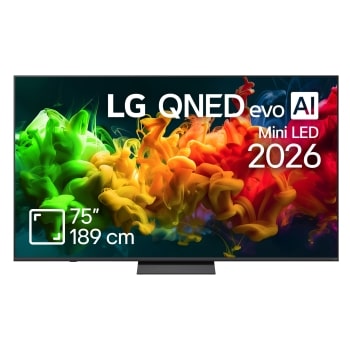 The front view of LG QNED AI QNED70 Mini LED, released in 2026, fills the screen with vivid, fluid splashes of multicolored motion, as finely layered colors disperse smoothly across the display.1