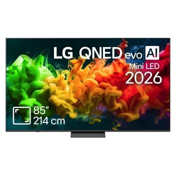 The front view of LG QNED AI QNED70 Mini LED, released in 2026, fills the screen with vivid, fluid splashes of multicolored motion, as finely layered colors disperse smoothly across the display.1