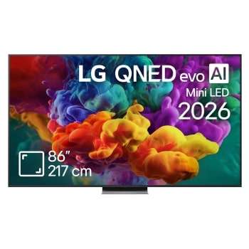 Vederea frontală a LG QNED evo AI QNED85 Mini LED, lansat în 2026, umple ecranul cu explozii vii și fluide de culori multicolore, asemănătoare picturii, în timp ce nori denși de culoare se îmbină perf1