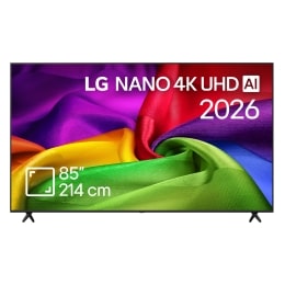 Vederea frontală a modelului LG OLED AI B6, lansat în 2026, prezintă o ramă neagră subțire și o imagine sculpturală, vibrantă, formată din straturi bogate, multicolore, care umplu ecranul.2