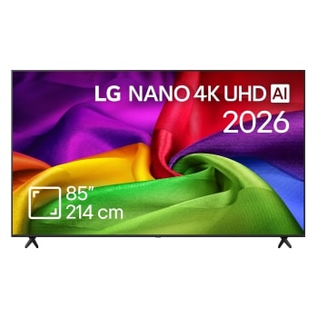 Vederea frontală a modelului LG OLED AI B6, lansat în 2026, prezintă o ramă neagră subțire și o imagine sculpturală, vibrantă, formată din straturi bogate, multicolore, care umplu ecranul.1