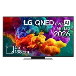Vederea frontală a LG QNED evo AI QNED85 Mini LED, lansat în 2026, umple ecranul cu explozii vii și fluide de culori multicolore, asemănătoare picturii, în timp ce nori denși de culoare se îmbină perf2