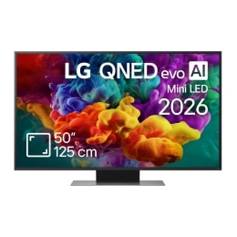 Vederea frontală a LG QNED evo AI QNED85 Mini LED, lansat în 2026, umple ecranul cu explozii vii și fluide de culori multicolore, asemănătoare picturii, în timp ce nori denși de culoare se îmbină perf2