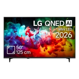 The front view of LG QNED AI QNED70 Mini LED, released in 2026, fills the screen with vivid, fluid splashes of multicolored motion, as finely layered colors disperse smoothly across the display.2