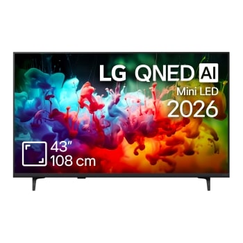 The front view of LG QNED AI QNED70 Mini LED, released in 2026, fills the screen with vivid, fluid splashes of multicolored motion, as finely layered colors disperse smoothly across the display.