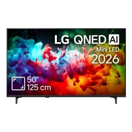The front view of LG QNED AI QNED70 Mini LED, released in 2026, fills the screen with vivid, fluid splashes of multicolored motion, as finely layered colors disperse smoothly across the display.2