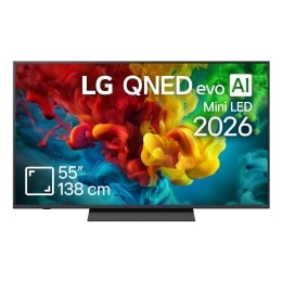 The front view of LG QNED AI QNED70 Mini LED, released in 2026, fills the screen with vivid, fluid splashes of multicolored motion, as finely layered colors disperse smoothly across the display.2
