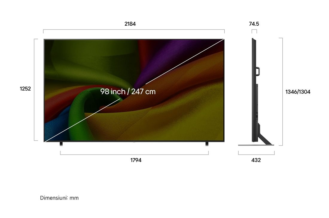 LG 98 inch LG NANO 4K UHD AI NU90 Smart TV 2026, dimension view, 98NU900B6LB, thumbnail 3