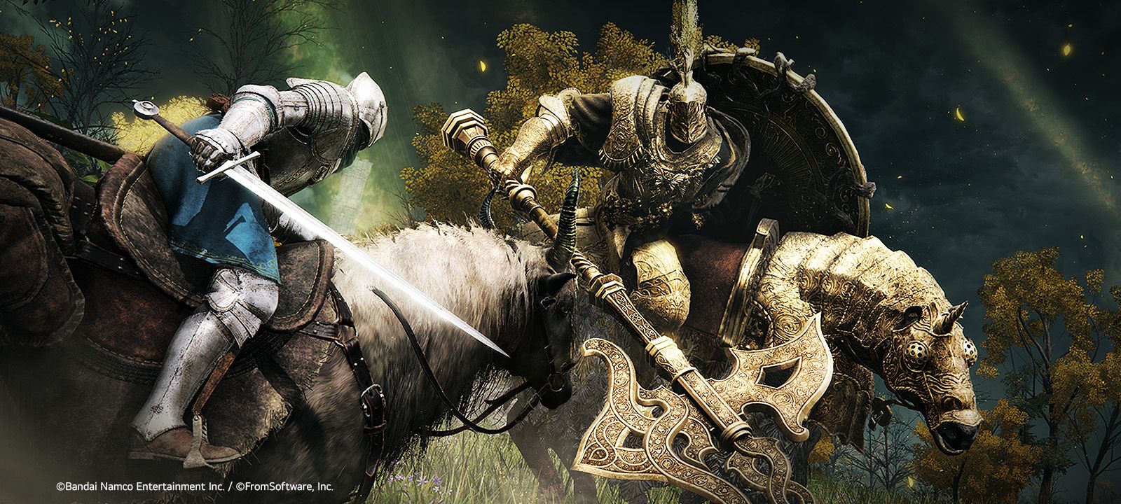 Un cavaler medival luptă călare pe un cal.