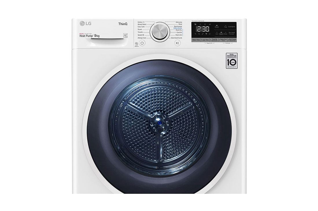 LG Uscător pompă de căldură, Dual Inverter, 9kg, Clasa A++, ThinQ™, Alb, Cut image front view, RH90V5AV6Q, thumbnail 4