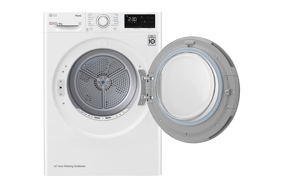 LG Uscător de rufe cu pompă de căldură, Dual Inverter, 8kg, Clasa D, EcoHybrid™, ThinQ™, Alb, Front View with left door open, RH80V3AV6N, thumbnail 3