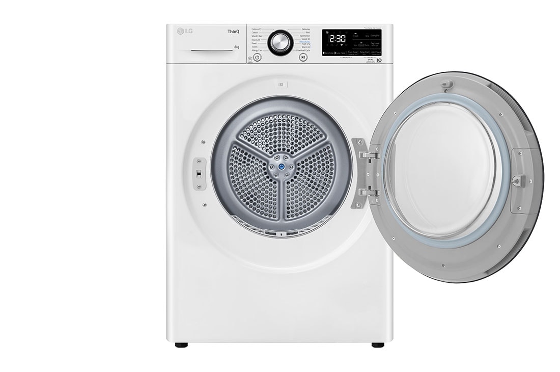 LG Uscător de rufe cu pompă de căldură, Dual Inverter, 8kg, EcoHybrid™, ThinQ™, Alb, Front View with left door open, RH80V3AVBN, thumbnail 3