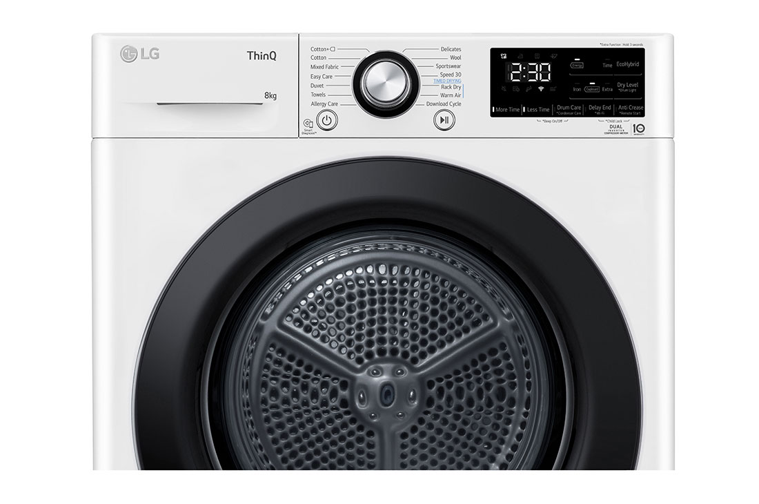 LG Uscător de rufe cu pompă de căldură, Dual Inverter, 8kg, EcoHybrid™, ThinQ™, Alb, Cut image with front view, RH80V3AVBN, thumbnail 6