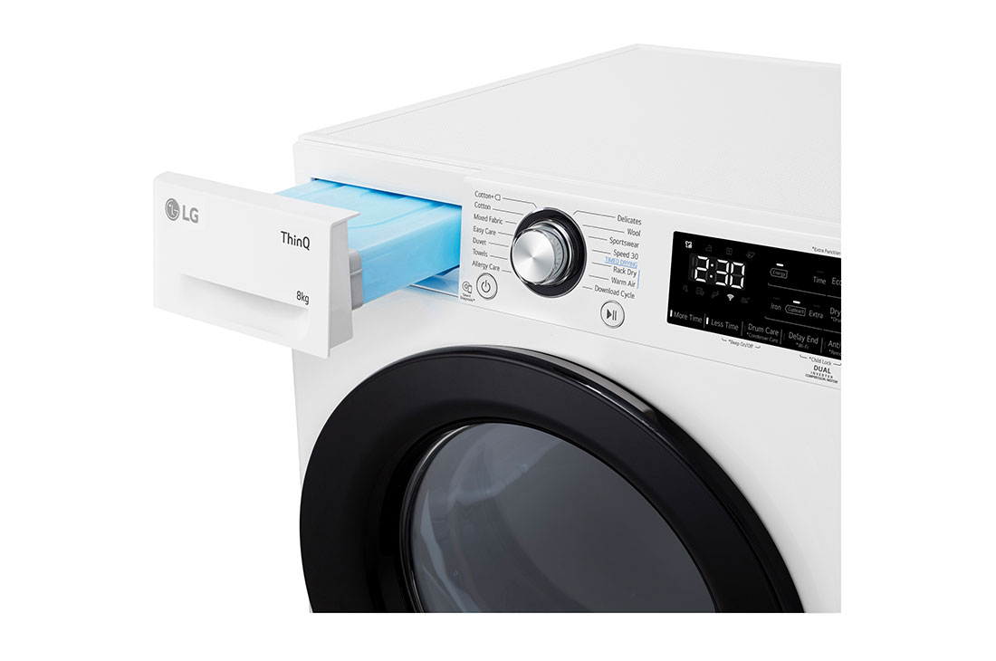 LG Uscător de rufe cu pompă de căldură, Dual Inverter, 8kg, EcoHybrid™, ThinQ™, Alb, Cut image with front view, RH80V3AVBN, thumbnail 7