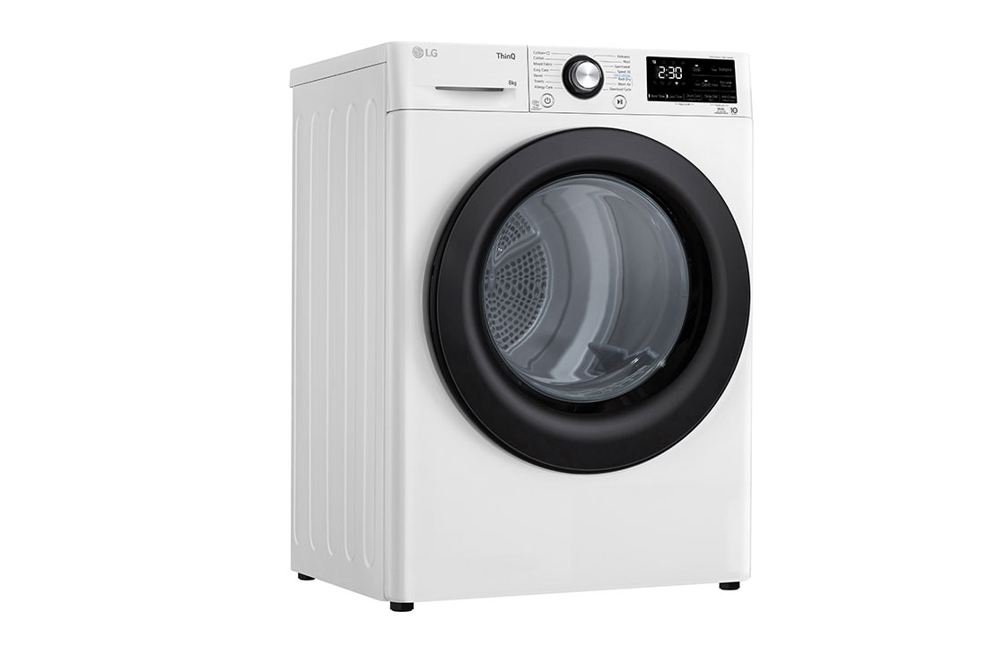 LG Uscător de rufe cu pompă de căldură, Dual Inverter, 8kg, EcoHybrid™, ThinQ™, Alb, Left perspective image with door open, RH80V3AVBN, thumbnail 9