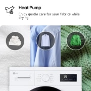 LG Uscător de rufe cu pompă de căldură, 8 kg, seria 2, alb, imagine care arată cadranul uscătorului cu opțiuni pentru prosoape, cămăși și țesături de lână. Text identificat: „Pompă de căldură”: Bucură-te de o îngrijire delicată a țesăturilor în timpul uscării., RHX1009NWK, thumbnail 3