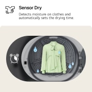 LG Uscător de rufe cu pompă de căldură, 8 kg, seria 2, alb, imagine care arată funcția de detectare a umidității și de setare automată a timpului de uscare. O bluză pe jumătate uscată, cu o pictogramă în formă de picătură de apă și tamburul unui uscător în fun, RHX1009NWK, thumbnail 4