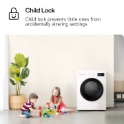LG Uscător de rufe cu pompă de căldură, 8 kg, seria 2, alb, imagine cu doi copii jucându-se cu cuburi colorate lângă o mașină de spălat. Text identificat: „Blocare pentru copii”: Funcția de blocare pentru copii împiedică modificarea accidentală a setărilor de , RHX1009NWK, thumbnail 5