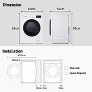 LG Uscător de rufe cu pompă de căldură, 8 kg, seria 2, alb, dimensiuni de instalare ale uscătorului, RHX1009NWK, thumbnail 6