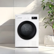 LG Uscător de rufe cu pompă de căldură, 8 kg, seria 2, alb, imagine de lifestyle cu uscătorul în spălătorie , RHX1009NWK, thumbnail 7