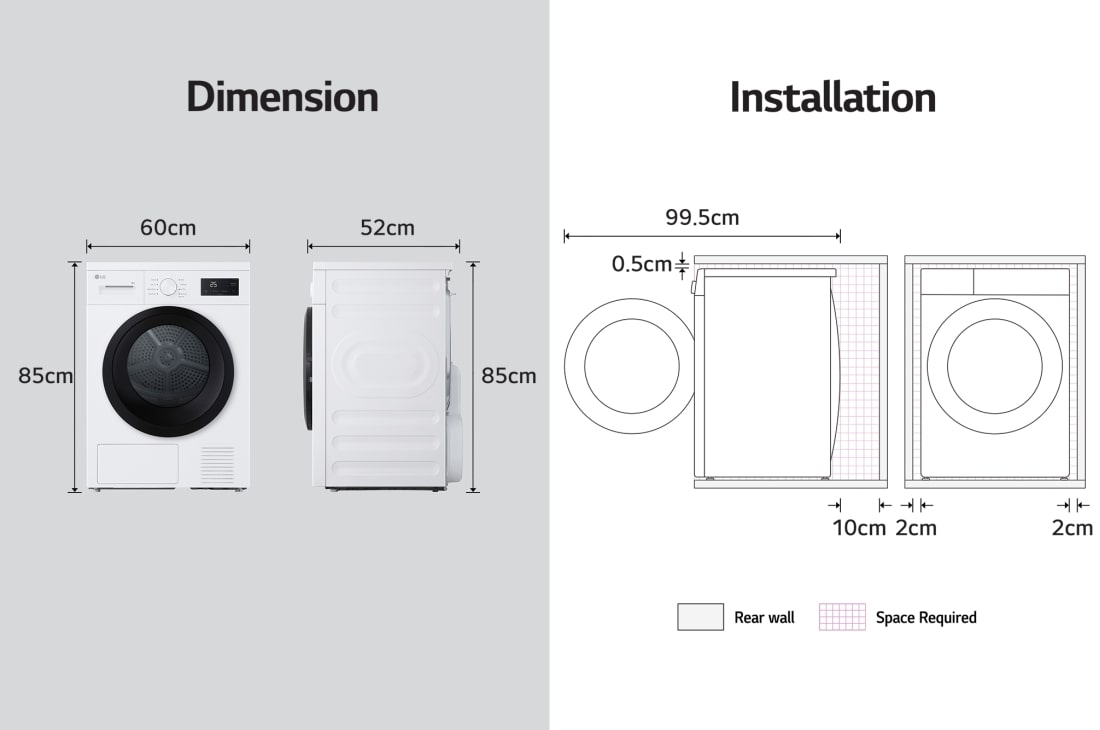 LG Uscător de rufe cu pompă de căldură, 8 kg, seria 2, alb, dimensiuni de instalare ale uscătorului, RHX1009NWK, thumbnail 6