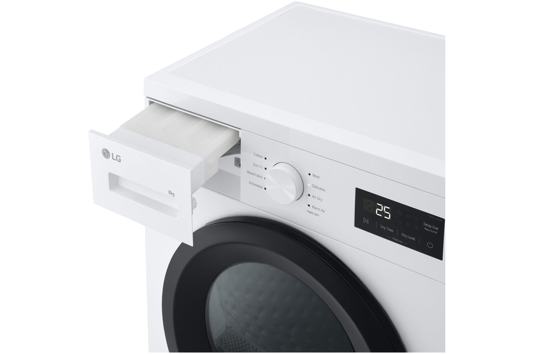 LG Uscător de rufe cu pompă de căldură, 8 kg, seria 2, alb, imagine cu uscătorul cu sertarul de detergent deschis, RHX1009NWK, thumbnail 8