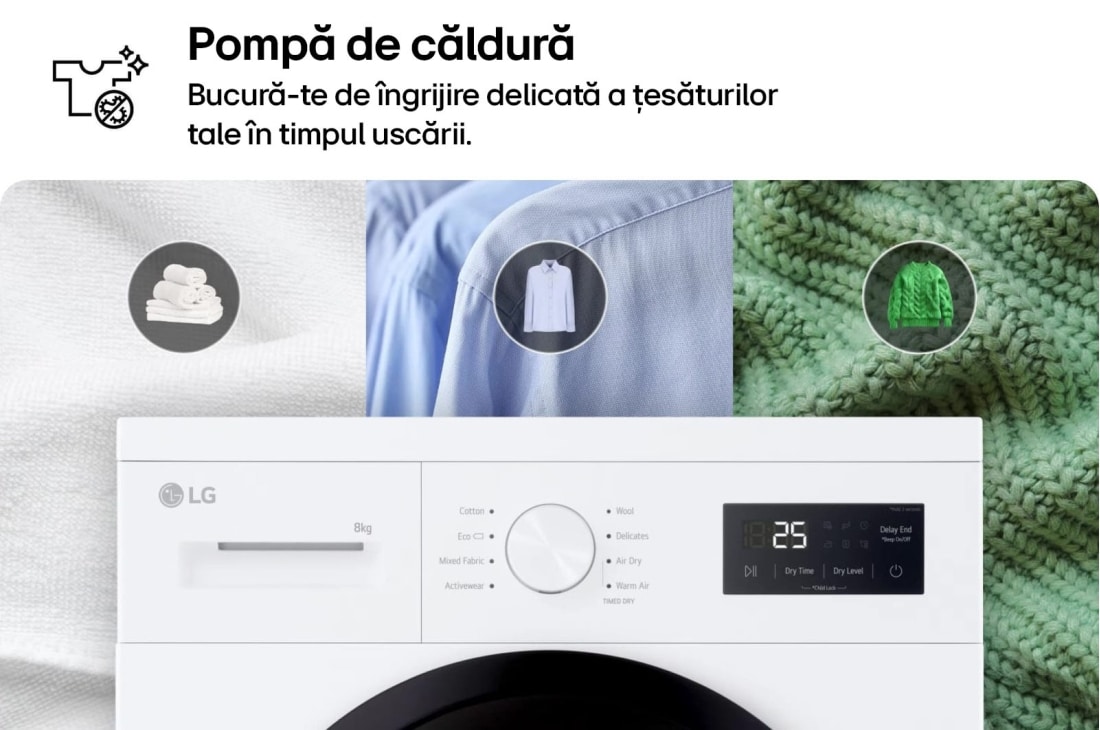 LG Uscător de rufe cu pompă de căldură, 8 kg, Clasa D, RHA1008NWK, thumbnail 12