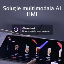 Utilizatorul interacționează cu interfața touchscreen alimentată de soluția multimodală AI HMI, selectând meniul de cafea cu ajutorul sugestiei asistentului AI.
