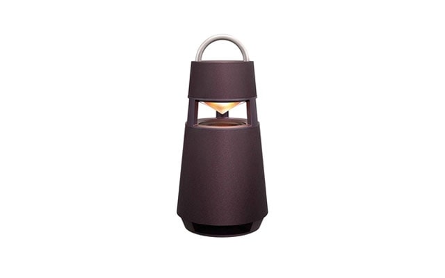 A burgundy LG XBOOM 360 omnidirectional Bluetooth speaker is centered against a white background