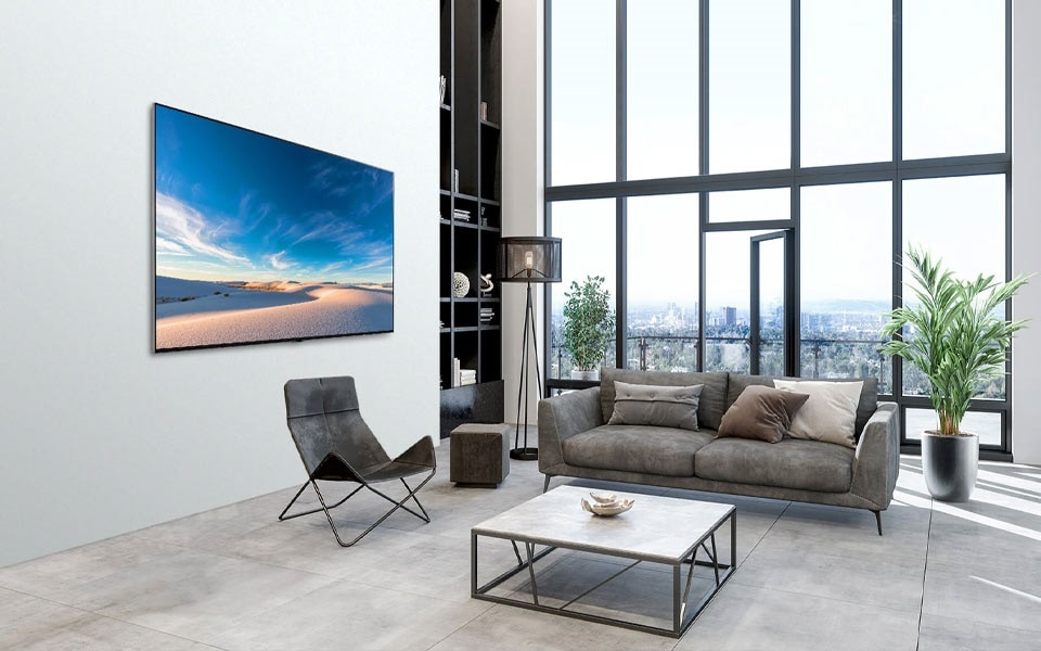 A QNED MiniLED LG TV displays vivid colours in natural lighting.