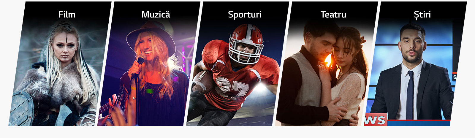 Cinci inserturi verticale pentru Film, Muzică, Sport, Teatru și Știri