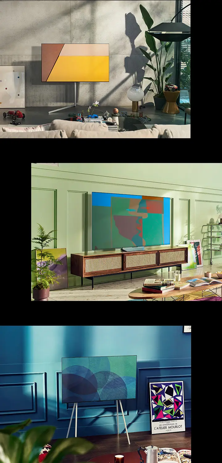 A gallery stand LG OLED television is in a modern minimalist room. A swivel stand LG OLED television is in a room. A floor stand LG OLED television is in a cozy room 