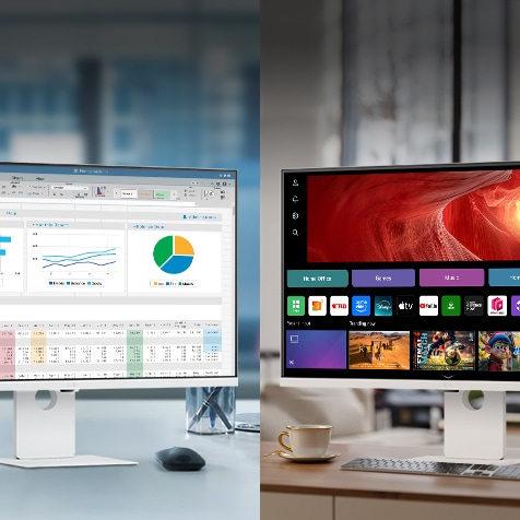Fotografija koja prikazuje LG Smart Monitor uređaje u kancelariji i kod kuće.