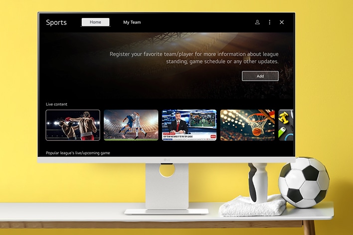Ekran LG Smart Monitor prikazuje sportske kanale uživo.