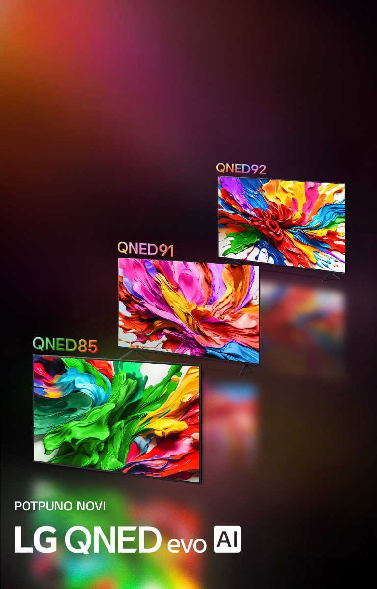 LG televizori s raznobojnim umetničkim delima koja ističu novu tehnologiju za upečatljivu i živopisnu reprodukciju boja modela LG QNED. Prisutan je i logotip za potpuno novi LG QNED evo AI.