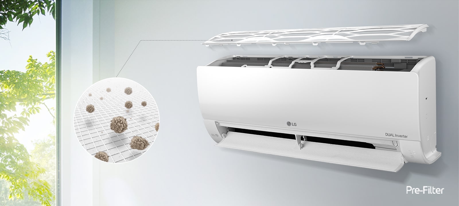 LG klima-uređaj postavljen je na zidu i prikazan sa strane. Gornji panel lebdi iznad i vide se unutrašnji filteri. Linija iz predfiltera vodi ka uvećanom krugu koji prikazuje prašinu nakupljenu u predfilteru. Logotip predfiltera je prikazan u donjem desnom uglu.	