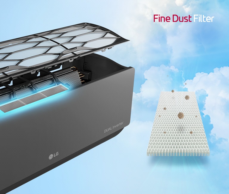 Bočni ugao klima uređaja je prikazan sa filterima koji lebde iznad da bi se prikazao filter za alergije instaliran unutra. Pored mašine je ceo zeleni filter protiv alergija sa grinjama uhvaćenim u njemu. Logo filtera za alergije se nalazi u gornjem desnom uglu.