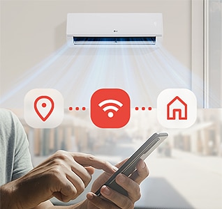 Slika klima-uređaja koji hladi prostoriju pre dolaska, s ikonama automobila, Wi-Fi veze i doma koje ukazuju na daljinsko upravljanje.