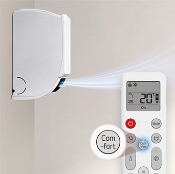 Slika režima Comfort Air, s daljinskim upravljačem koji podešava ugao lopatice radi indirektnog protoka vazduha.