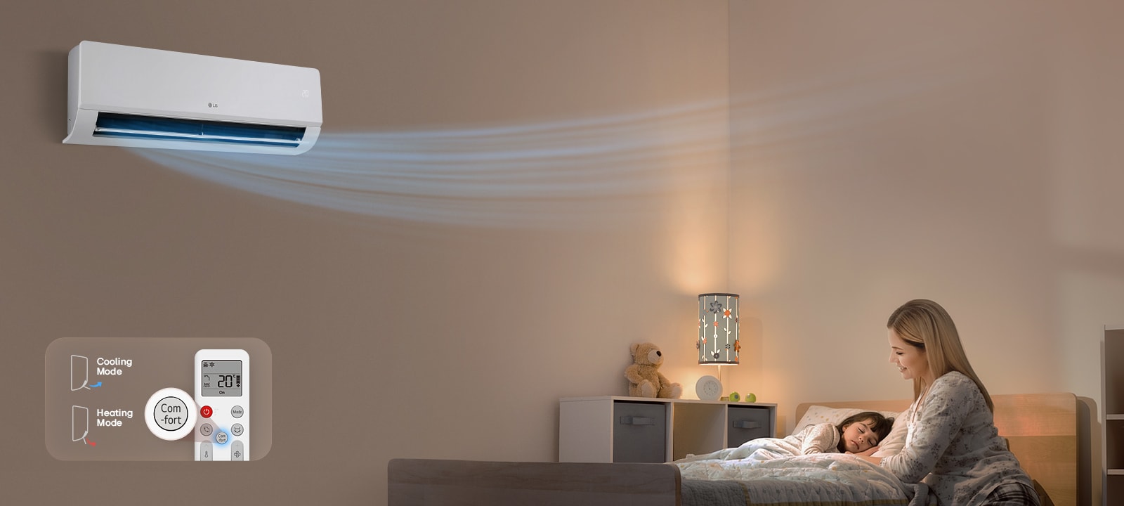 Slika klima-uređaja koji lagano duva hladan vazduh dok majka gleda kako joj dete spava.