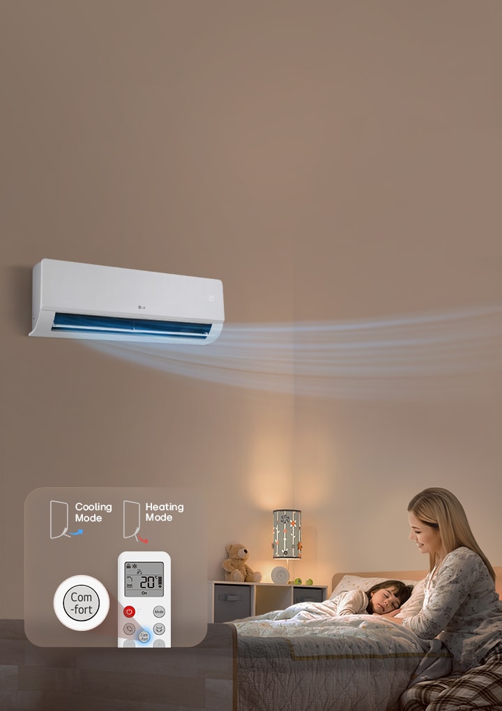 Slika klima-uređaja koji lagano duva hladan vazduh dok majka gleda kako joj dete spava.