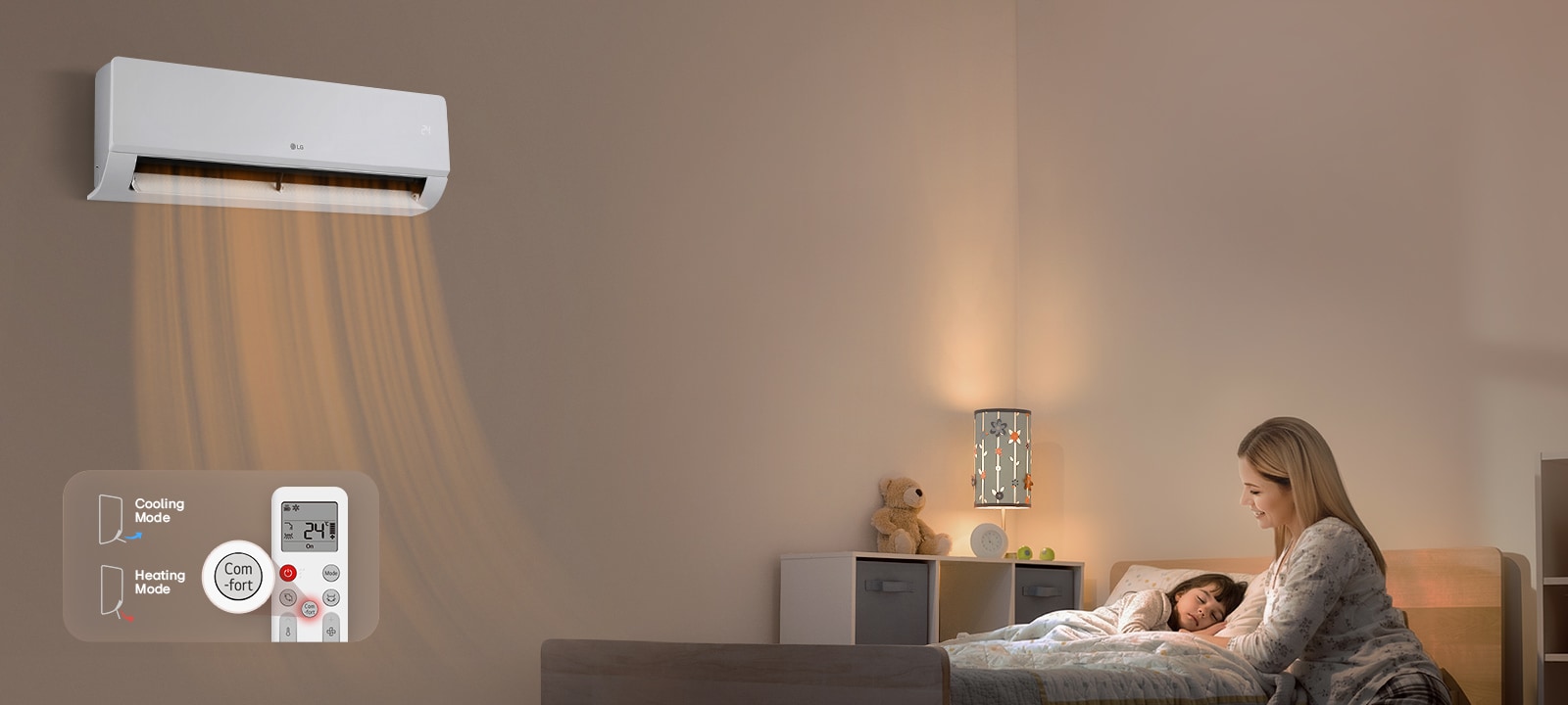 Slika klima-uređaja koji lagano duva topao vazduh dok majka gleda kako joj dete spava.
