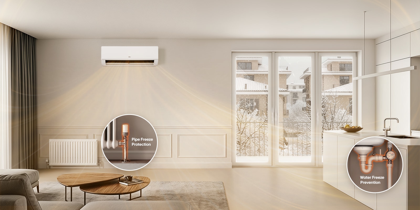 Slika niskog protoka vazduha za grejanje iz klima-uređaja kojim se štite cevi od smrzavanja.