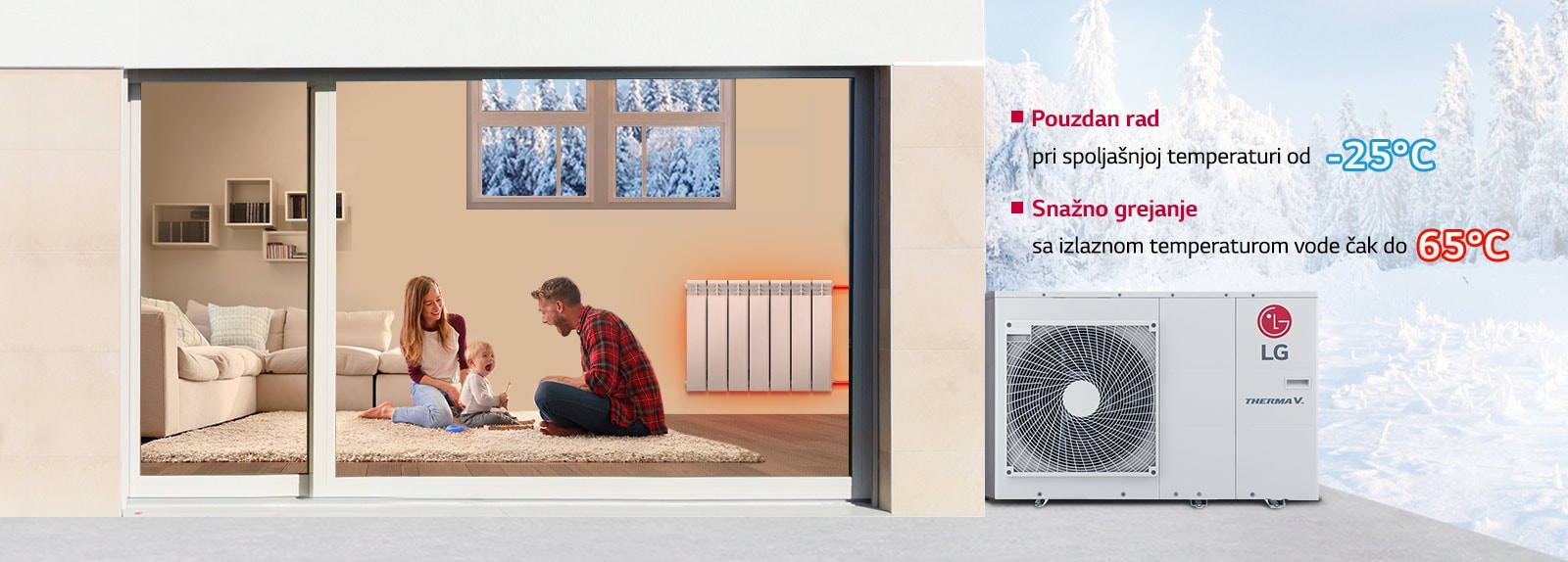 Slika roditelja i bebe kako sede u toploj dnevnoj sobi sa radijatorom.