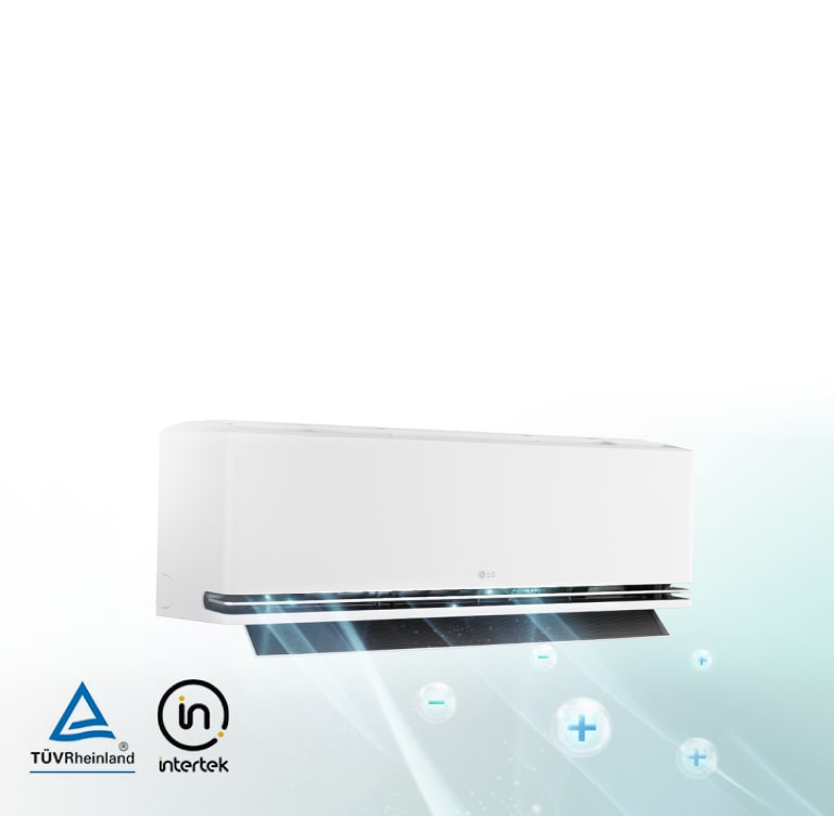 Beli klima-uređaj montiran na zid prikazuje funkciju jonizatora i logotipe kompanija TÜV Rheinland i Intertek.