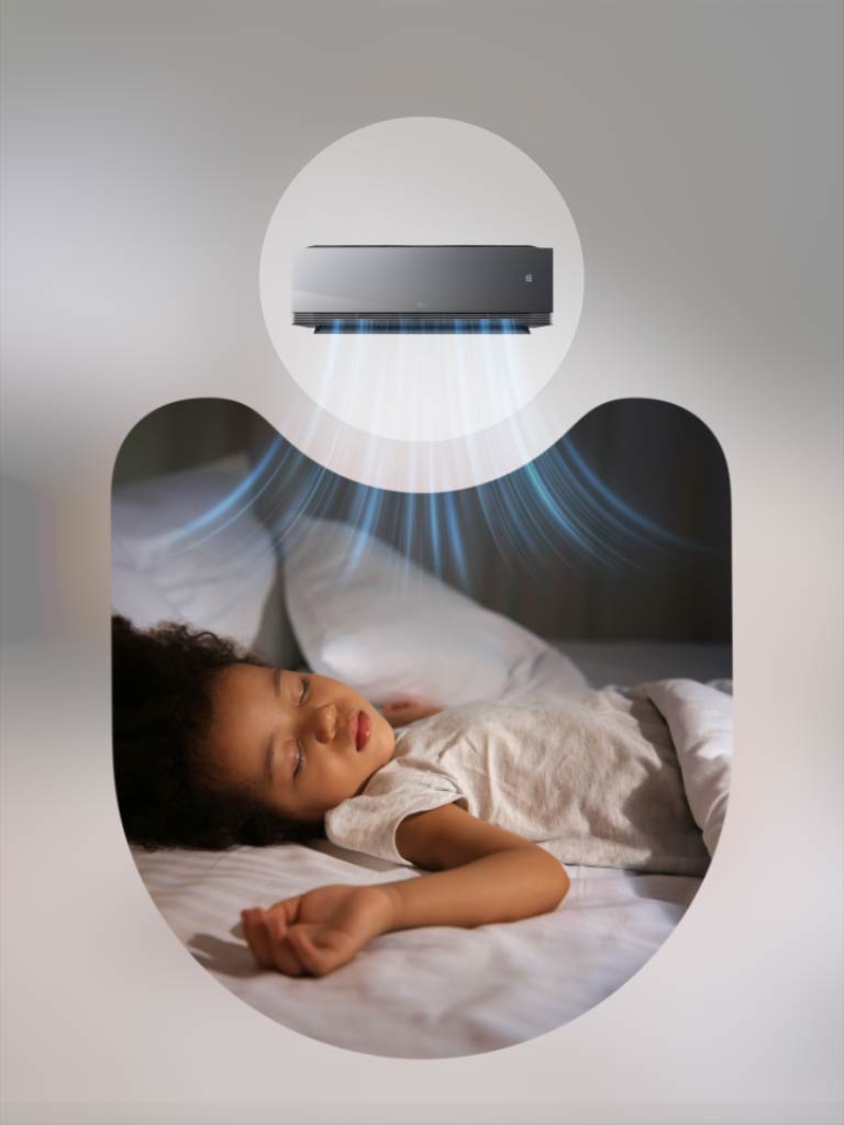 Ljudi mirno spavaju uz LG klima-uređaj sa tajmerom za spavanje plus koji pruža personalizovano hlađenje tokom noći.