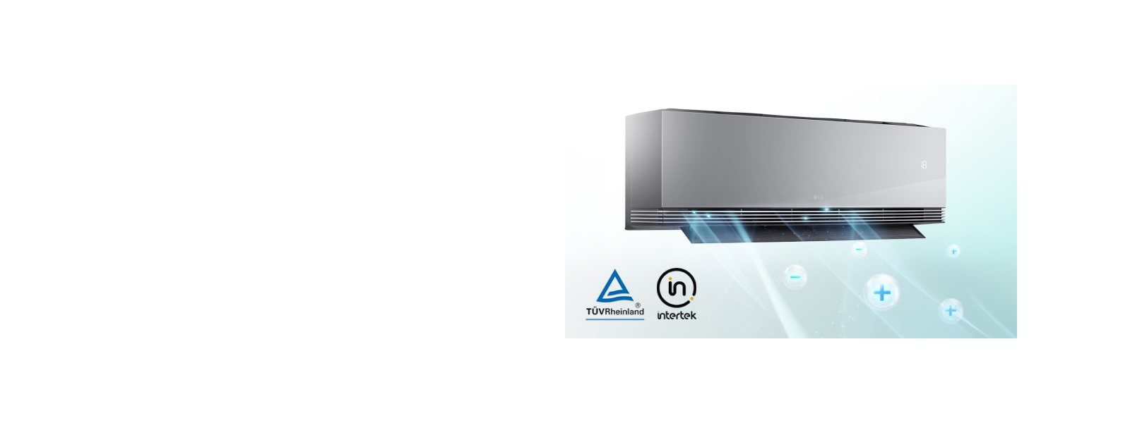 Beli klima-uređaj montiran na zid prikazuje funkciju jonizatora i logotipe kompanija TÜV Rheinland i Intertek.